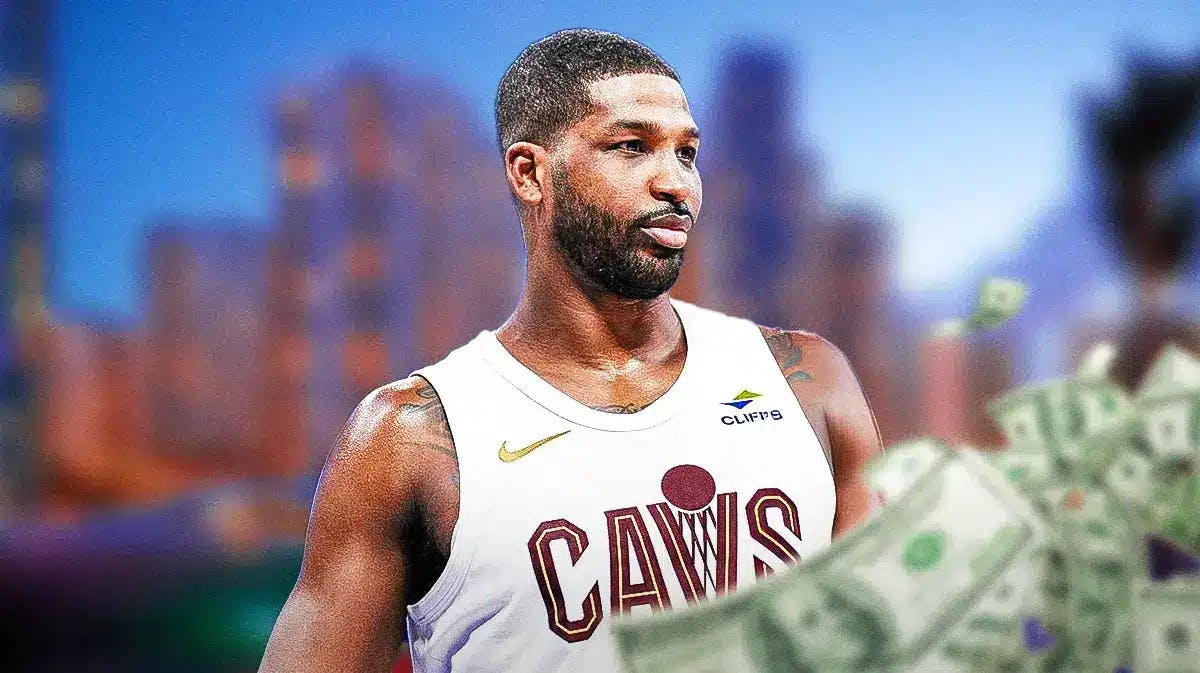 Tristan Thompson surrounded by piles of cash.