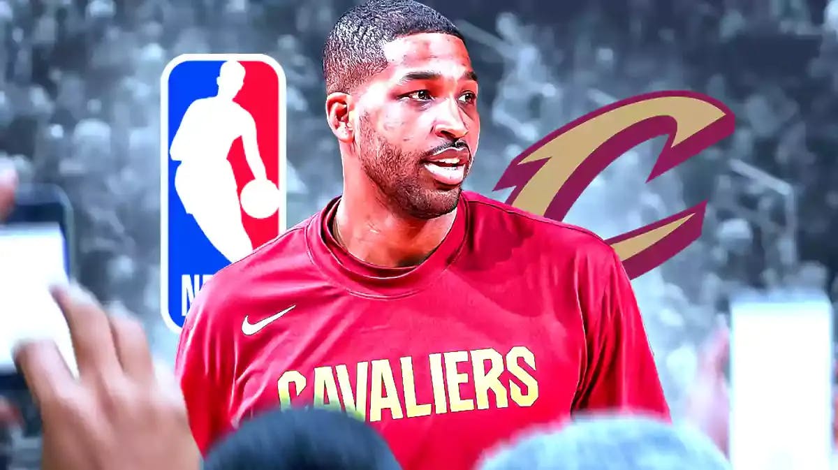 Tristan Thompson with Cavs and NBA logos