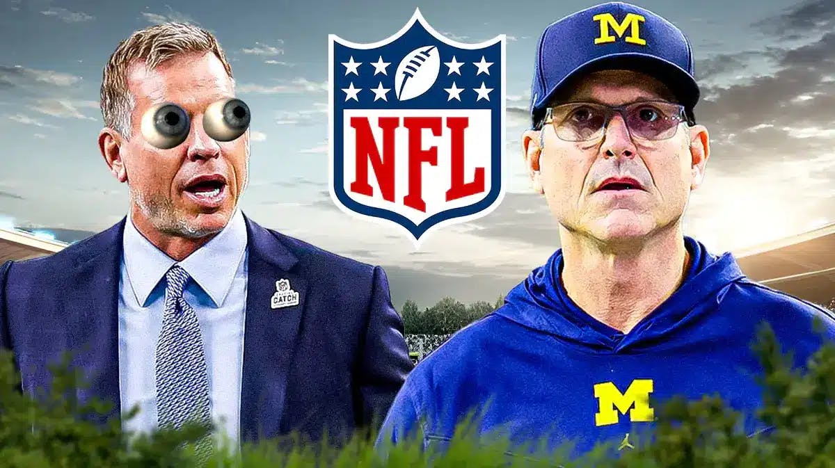Troy Aikman eyes popping out looking at Michigan’s Jim Harbaugh. Place the NFL logo in background.