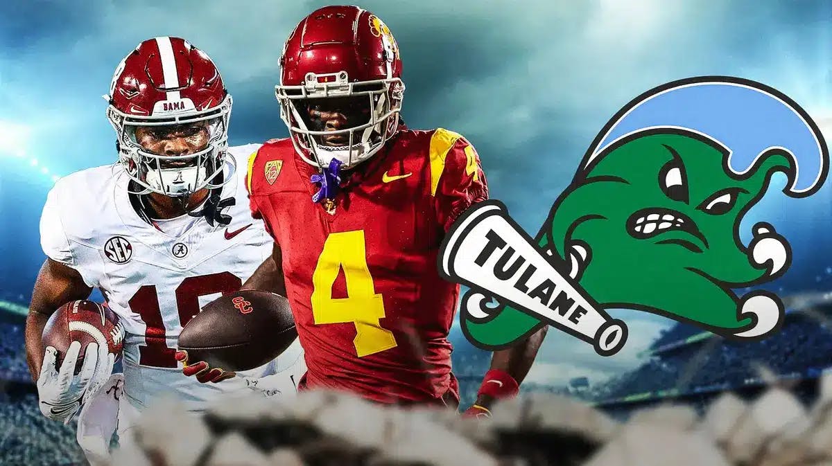 Shazz Preston and Mario Williams with fire in their eyes. Tulane football logo in the background