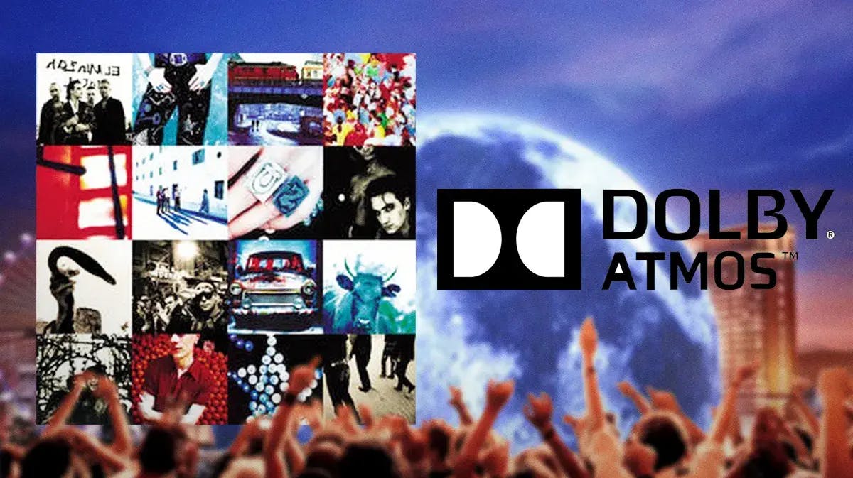 U2 Achtung Baby album cover next to Dolby Atmos logo and Sphere background.