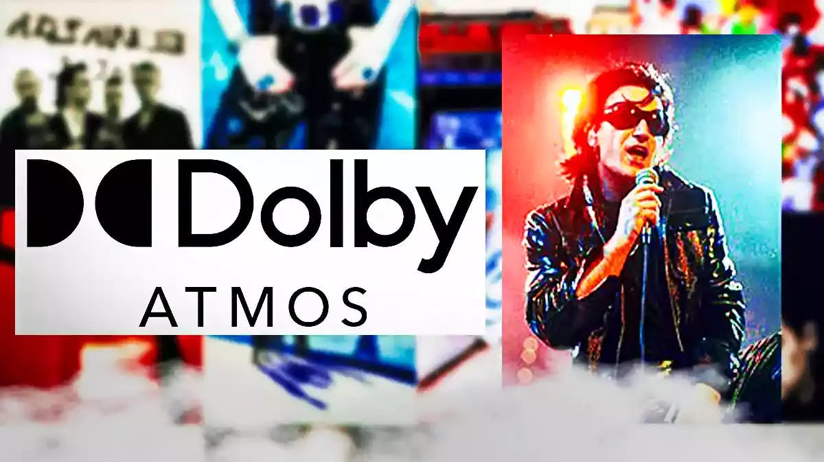 U2 Achtung Baby album cover, Dolby Atmos logo and Bono as The Fly.