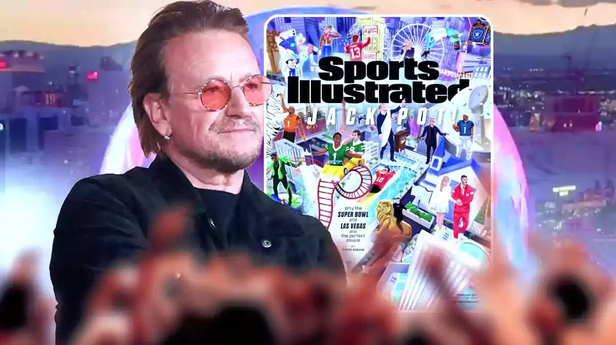 U2 lead singer Bono with Sports Illustrated Super Bowl cover and Sphere background.