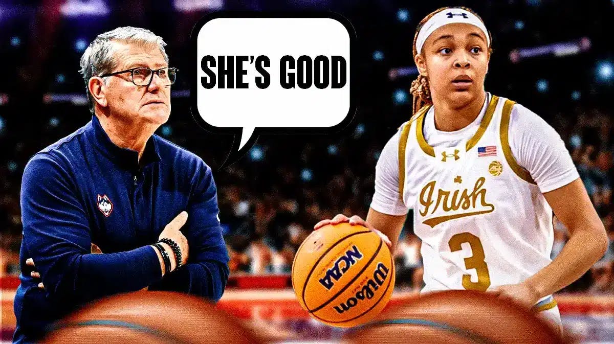 UConn women’s basketball coach Geno Auriemma with a speech bubble saying “She’s good” and Notre Dame women’s basketball player Hannah Hidalgo