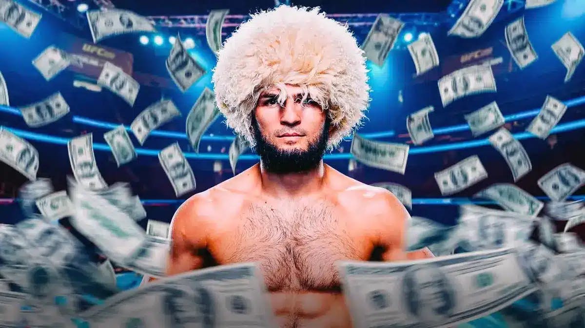 Khabib Nurmagomedov in front of the UFC logo, money falling from the air around him