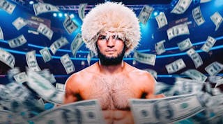 Khabib Nurmagomedov in front of the UFC logo, money falling from the air around him