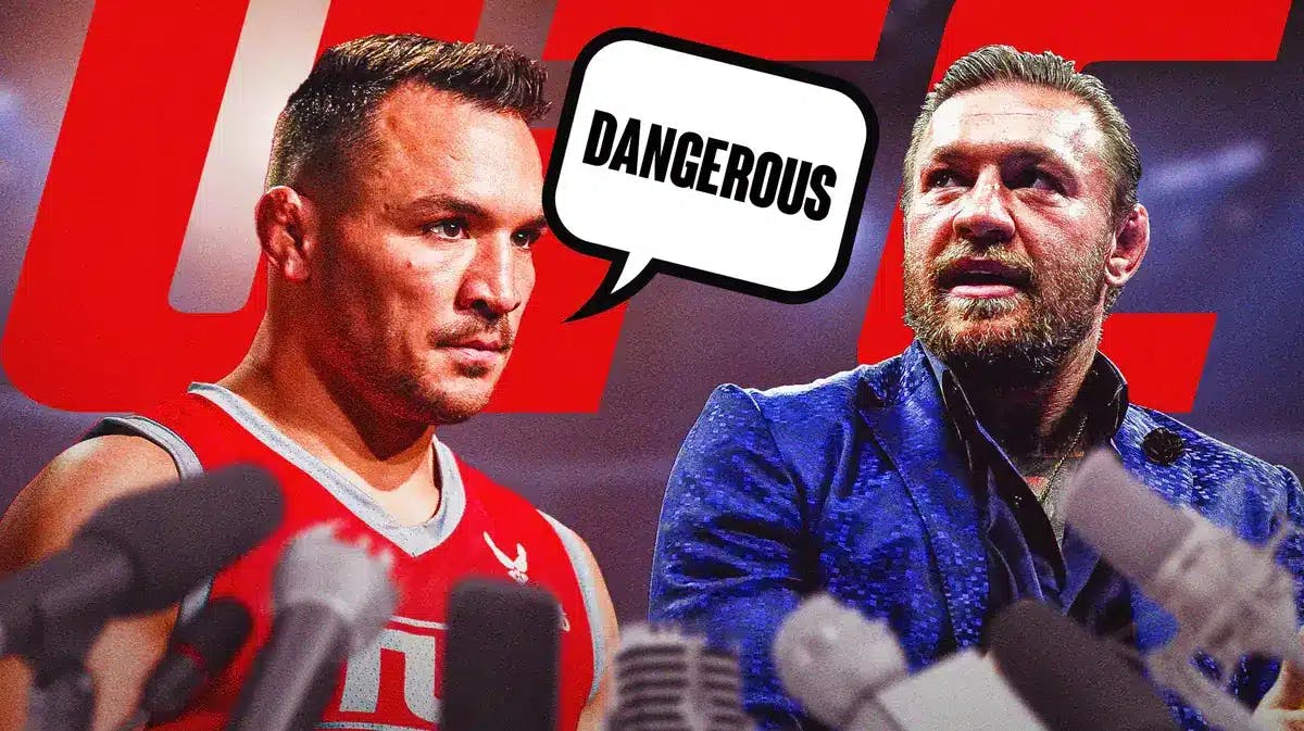 Michael Chandler saying: ‘Dangerous’ next to Conor McGregor, the UFC logo behind them