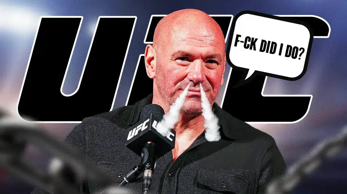 Dana White looking angry, saying: 'F*ck did I do?' in front of the UFC logo