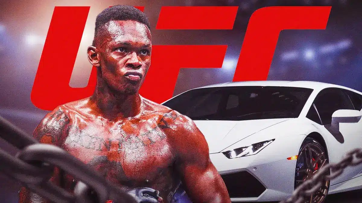 Israel Adesanya in front of a supercar, the UFC logo behind him
