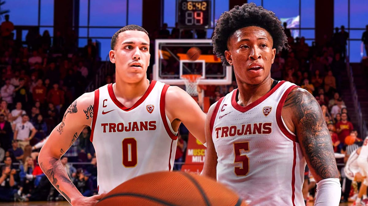 USC basketball, Trojans, Boogie Ellis, Kobe Johnson, Stanford basketball, Kobe Johnson and Boogie Ellis in USC unis with USC basketball arena in the background
