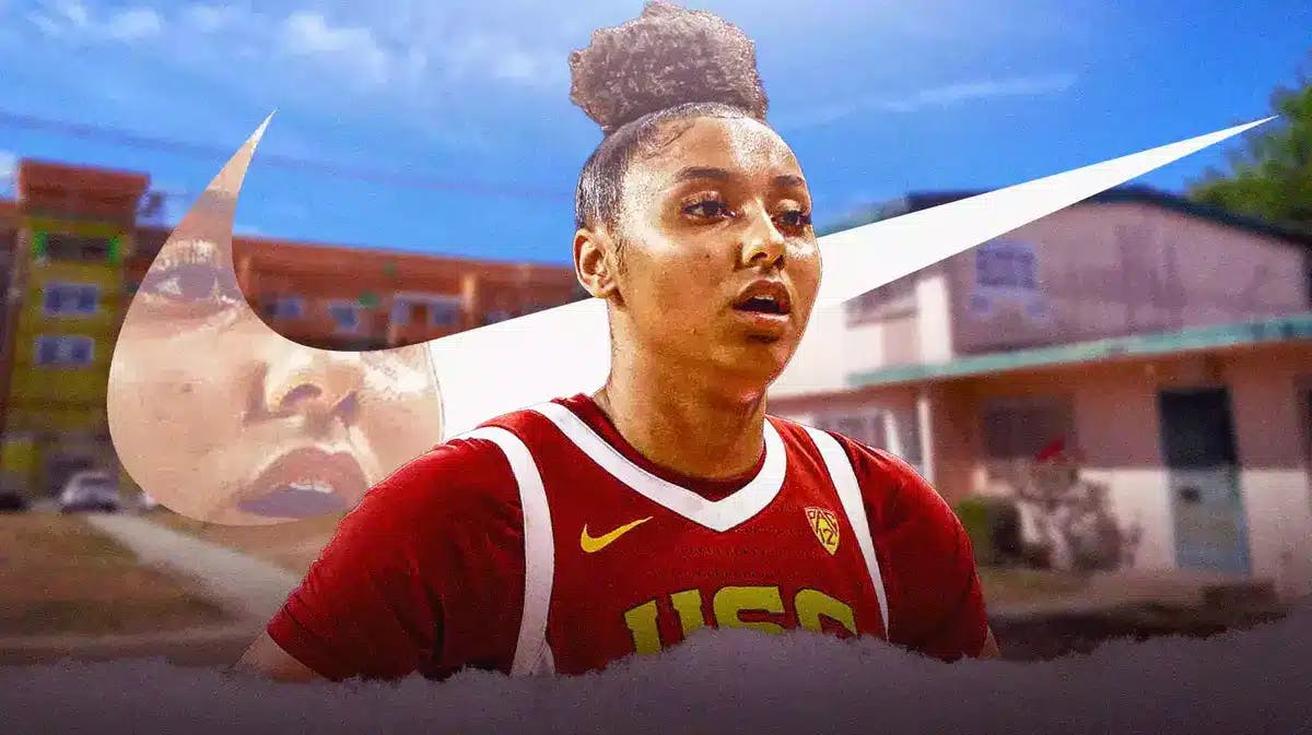 USC women’s basketball player JuJu Watkins, with the Nike logo and the Watts area of Los Angeles in the background