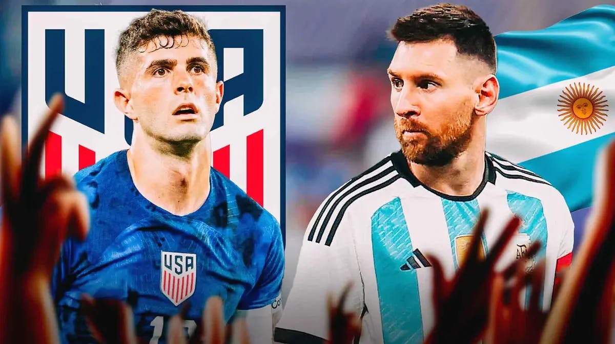 Lionel Messi in front of the Argentina flag, Christian Pulisic in front of the USMNT logo