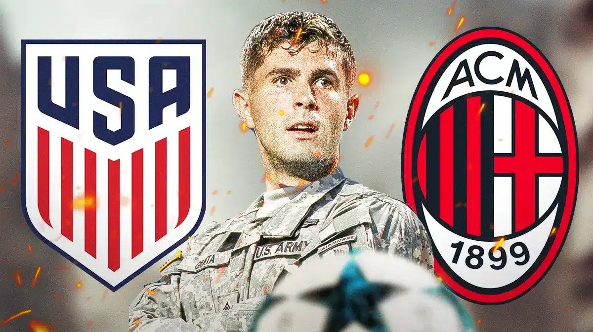 Christian Pulisic as a soldier in a soldier drill, the USMNT and AC Milan logos in the air