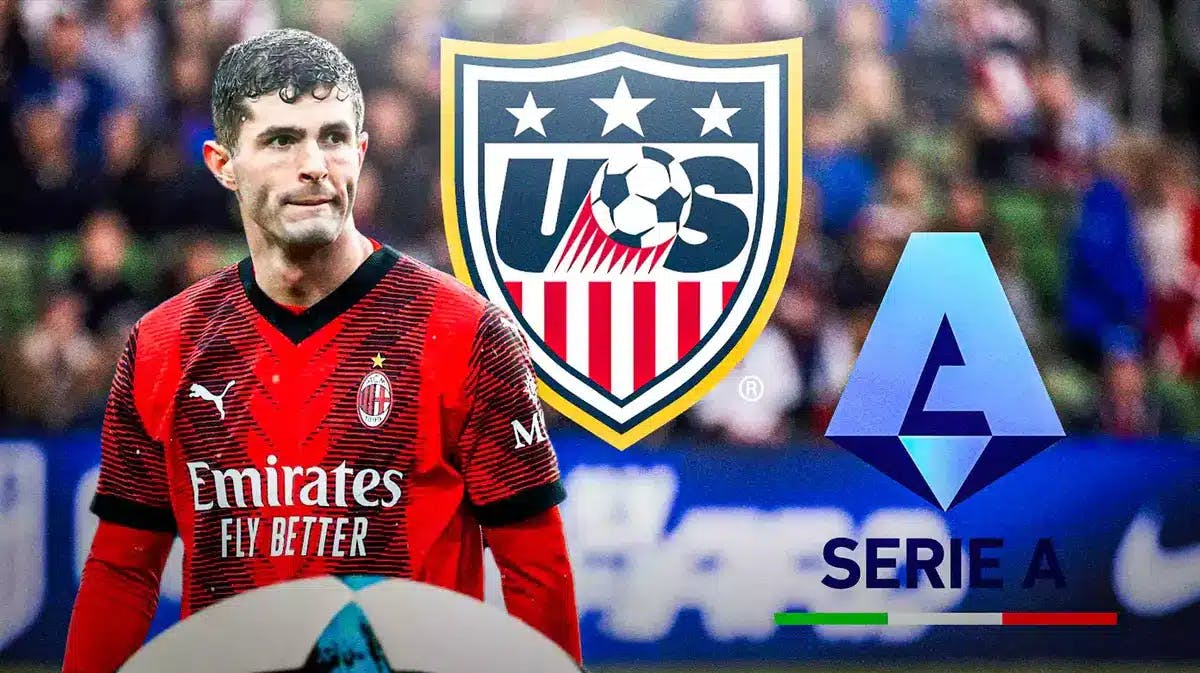 Christian Pulisic in front of the USMNT and Serie A logos