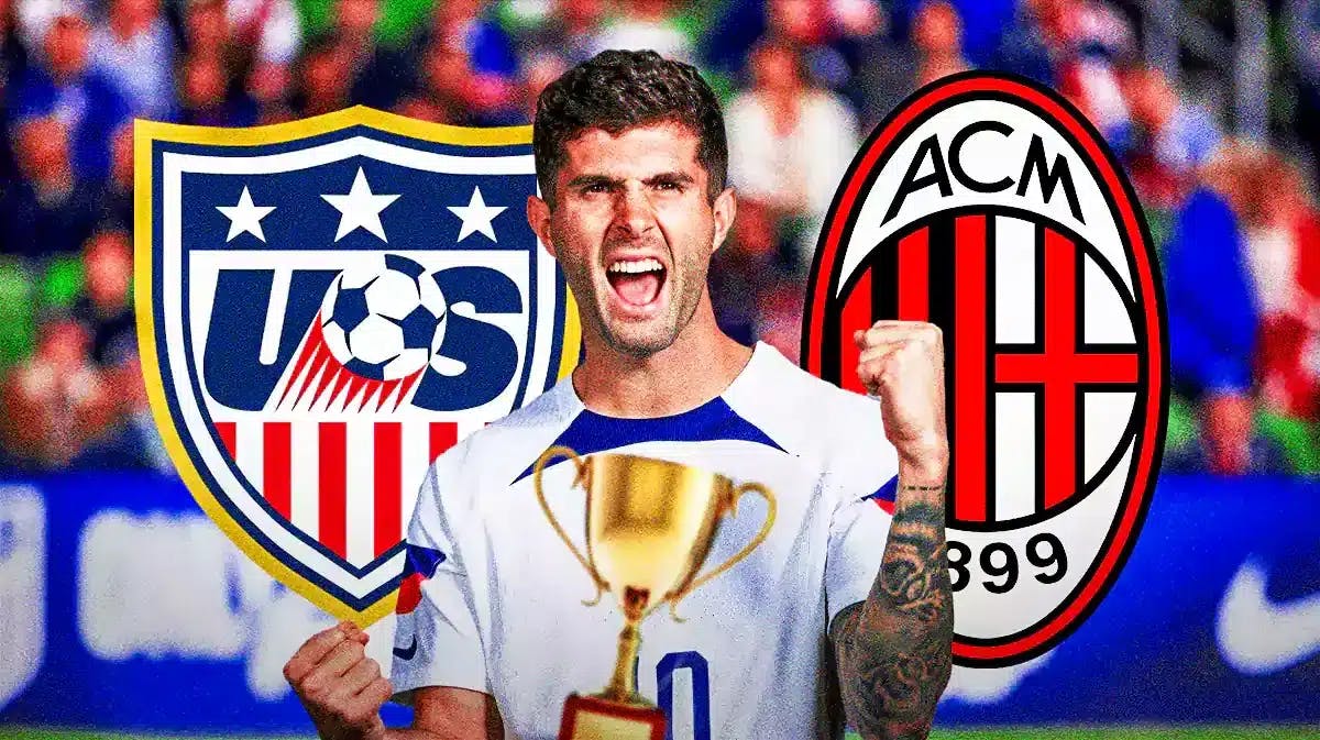 Christian Pulisic with an award in front of the USMNT and AC Milan logos