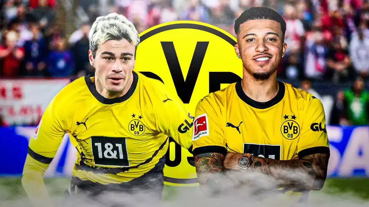 Gio Reyna and Jadon Sancho in front of the Borussia Dortmund logo
