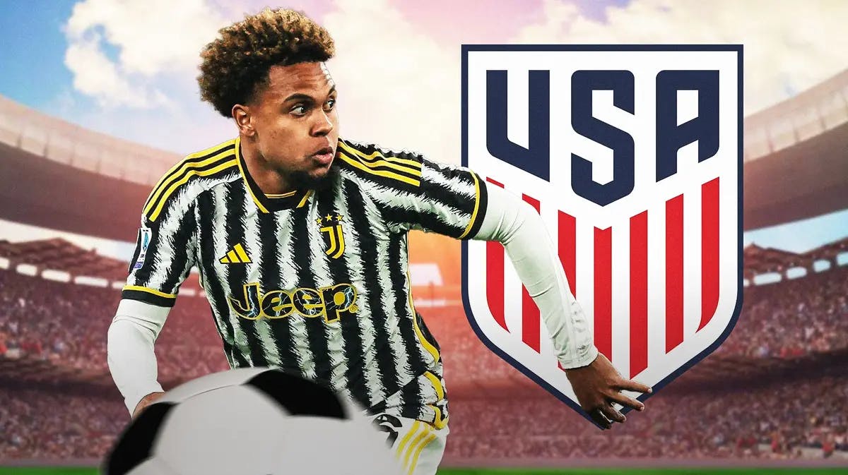 Weston McKennie with a football in front of the USMNT logo