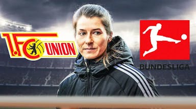 Marie-Louise Eta in front of the Union Berlin and Bundesliga logos