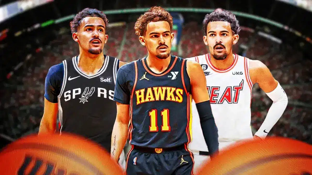Trae Young in a Hawks, Spurs, and Heat jersey