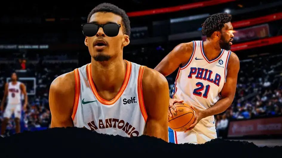 Victor Wembanyama (Spurs) with deal with it shades, Joel Embiid (76ers) with fire in eyes