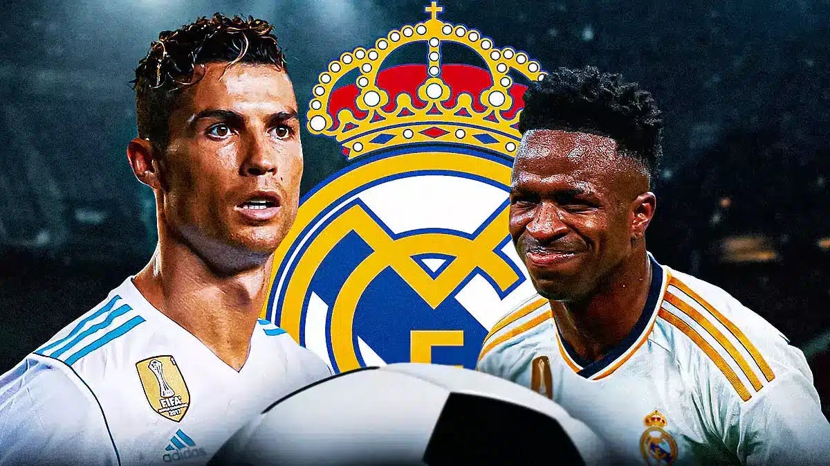 Cristiano Ronaldo wearing his Real Madrid jersey and smiling, Vinicius Jr smiling at him, the Real Madrid logo behind them