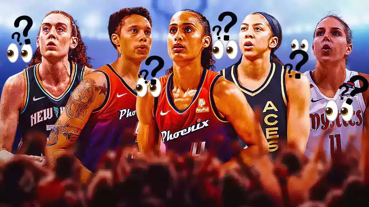 WNBA players Breanna Stewart of the New York Liberty, Brittney Griner of the Phoenix Mercury, Skylar Diggins-Smith of the Phoenix Mercury, Candace Parker of the Las Vegas Aces and Elena Delle Donne of the Washington Mystics, in their WNBA uniforms, with question marks and this emoji 👀 around them