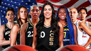 WNBA players A’ja Wilson, Brittney Griner, , Sabrina Ionescu, Diana Taurasi, Aliyah Boston, Kelsey Plum, Breanna Stewart, with an American flag in background