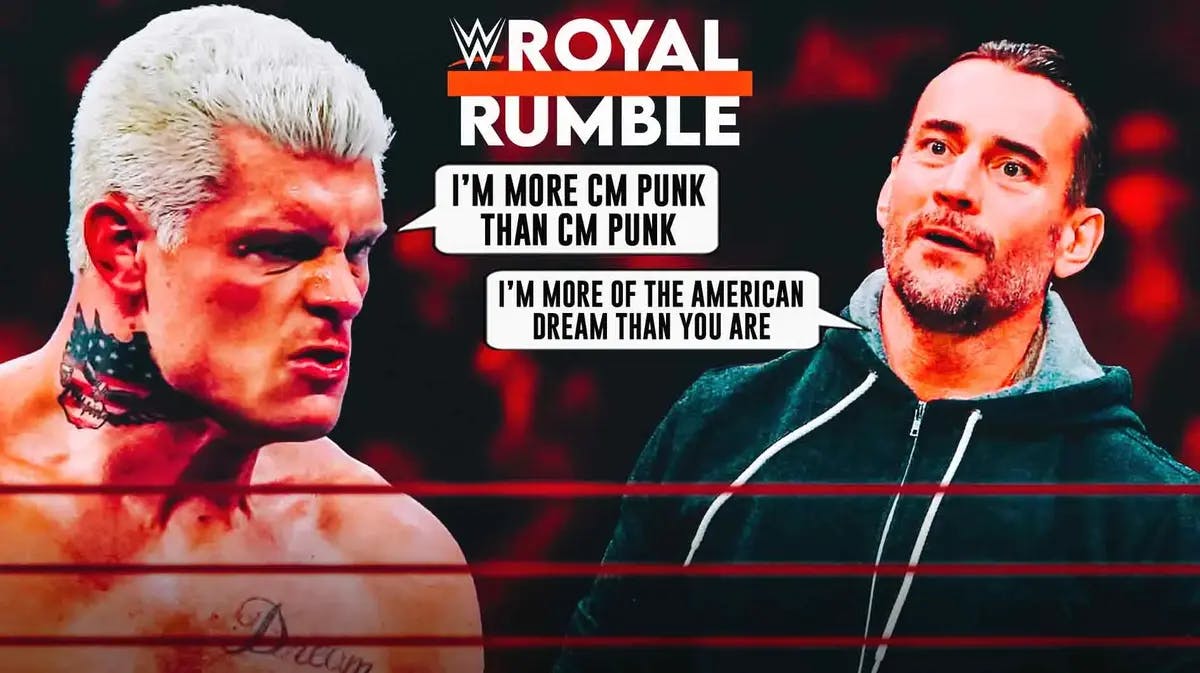 Cody Rhodes with a text bubble reading “I’m more CM Punk than CM Punk” next to CM Punk with a text bubble reading “I’m more of the American Dream than you are” with the 2024 Royal Rumble logo as the background.