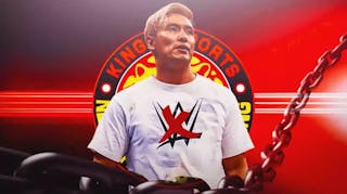 Kazuchika Okada Wearing a WWE shirt with the logo crossed out with the New Japan Pro Wrestling logo as the background.