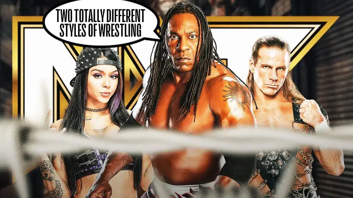 Booker T with a text bubble reading “Two totally different styles of wrestling” with Cora Jade on his left and Shawn Michaels on his right with the NXT logo as the background.