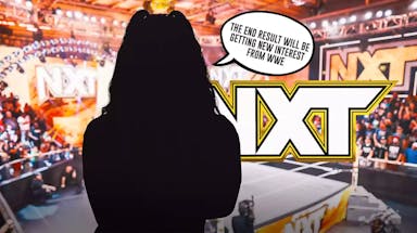 The blacked-out silhouette of Steph De Lander with a text bubble reading “The end result will be getting new interest from WWE” with the NXT logo as the background.