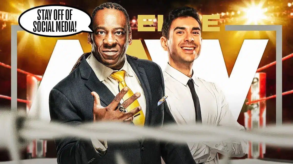 Booker T with a text bubble reading “Stay off of social media!” next to Tony Khan with the AEW logo as the background.