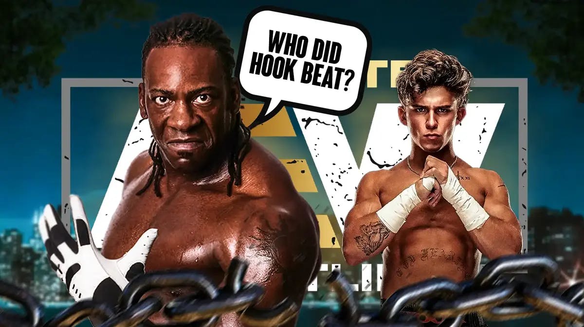 Booker T with a text bubble reading “Who did HOOK beat?” next to AEW’s HOOK with the AEW logo as the background.