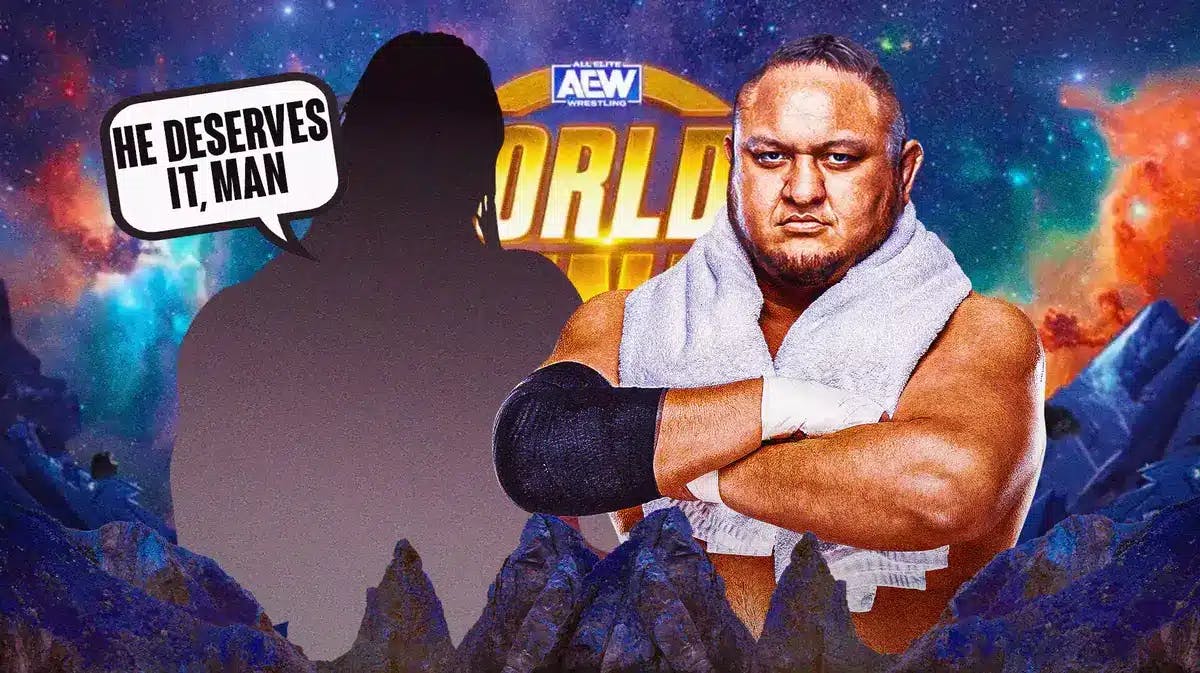 The blacked out silhouette of Booker T with a text bubble reading “He deserves it, man” next to Samoa Joe with the AEW Worlds End logo as the background.