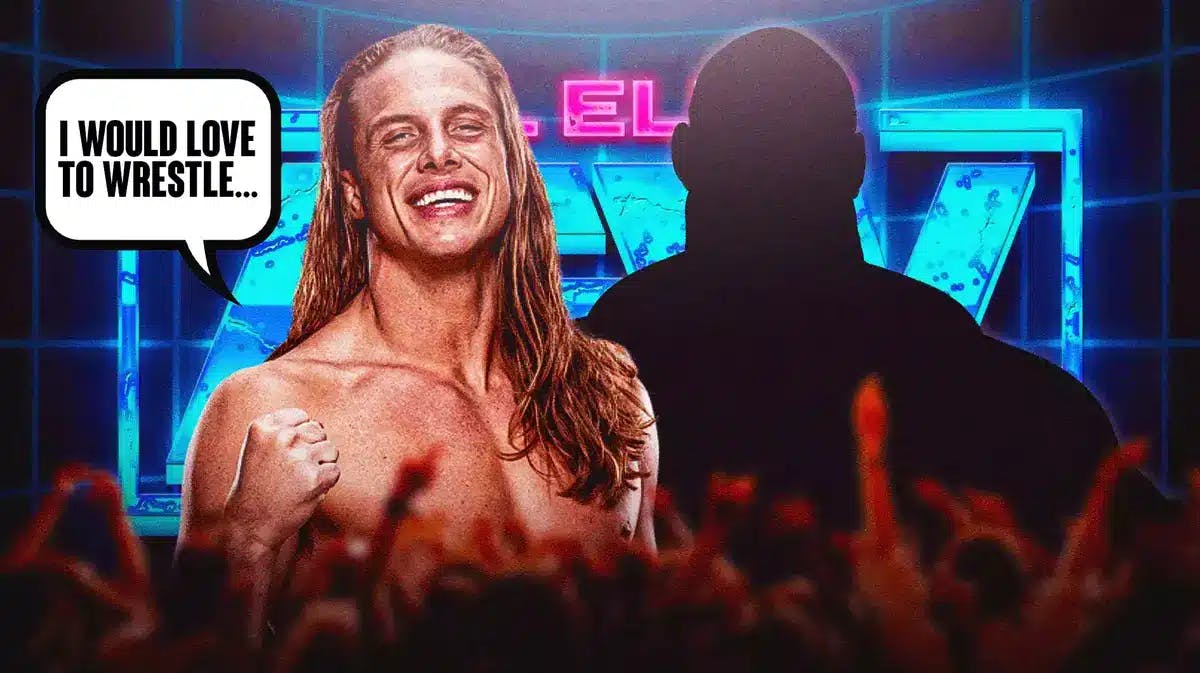 Matt Riddle with a text bubble reading “I would love to wrestle…” next to the blacked-out silhouette of Bill Goldberg with the AEW logo as the background.