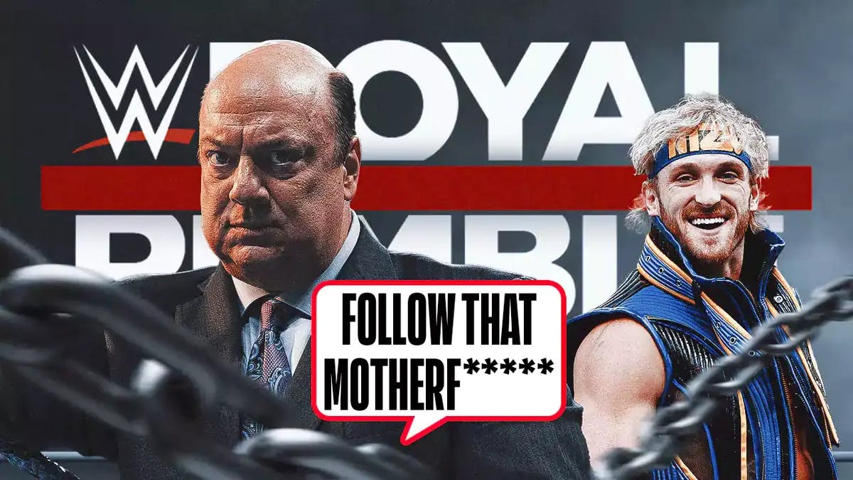 Paul Heyman with a text bubble reading “Follow that motherf*****” next to Logan Paul with the Royal Rumble logo as the background.