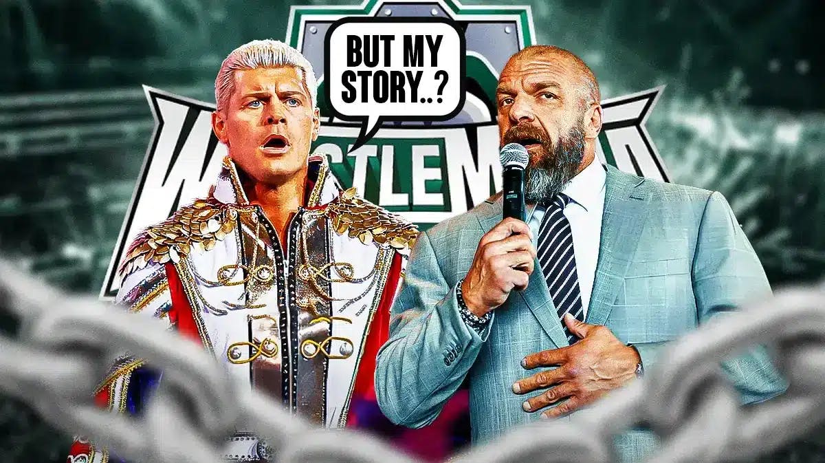 Cody Rhodes with a text bubble reading “But my story..?” next to Paul Levesque wearing a suit with the WrestleMania 40 logo as the background.