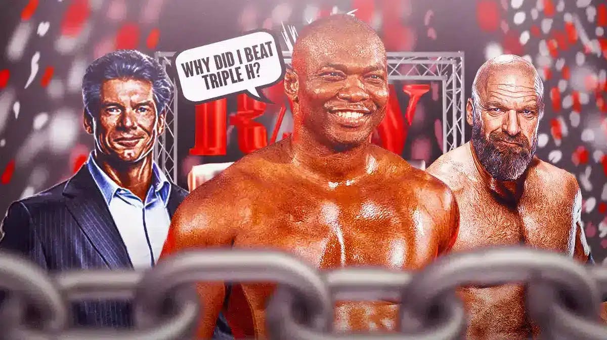 Shelton Benjamin with a text bubble readying “Why did I beat Triple H?” with Vince McMahon on his left and Triple H on his right with the 2000s RAW logo as the background.
