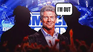 Vince McMahon with a text bubble reading “I’m out” with the blacked-out silhouette of Mason D. Madden on his left and the blacked-out silhouette of Mansoor on his right with the SmackDown logo as the background.