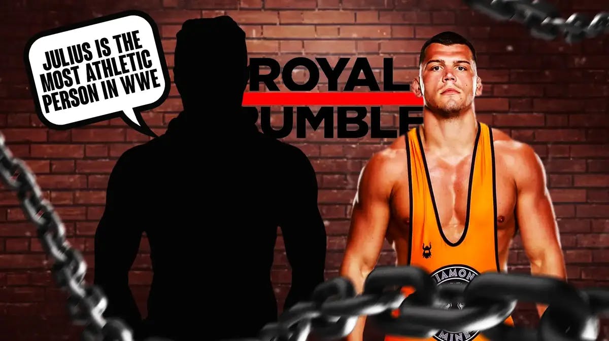 The blacked-out silhouette of Ivy Nile with a text bubble reading “Julius is the most athletic person in WWE” next to Julius Creed with the Royal Rumble logo as the background.