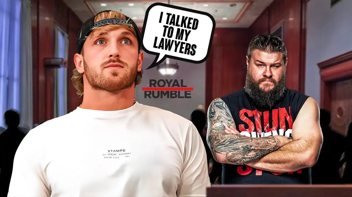 Logan Paul with a text bubble reading “I talked to my lawyers” next to Kevin Owens inside a court room with the Royal Rumble logo in the background.