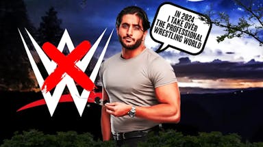 Mansoor with a text bubble reading “In 2024, I take over the professional wrestling world” with a crossed out WWE logo as the background.
