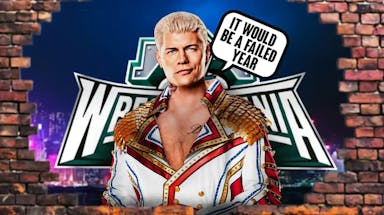 Cody Rhodes with a text bubble reading “It would be a failed year” with the WrestleMania 40 logo as the background.