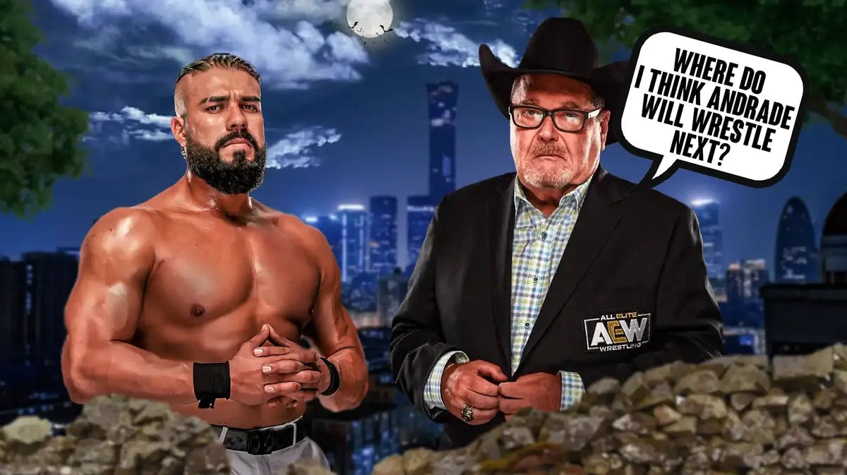 Jim Ross with a text bubble reading “Where do I think Andrade will wrestle next?” next to Andrade El Idolo with a question mark as the background.
