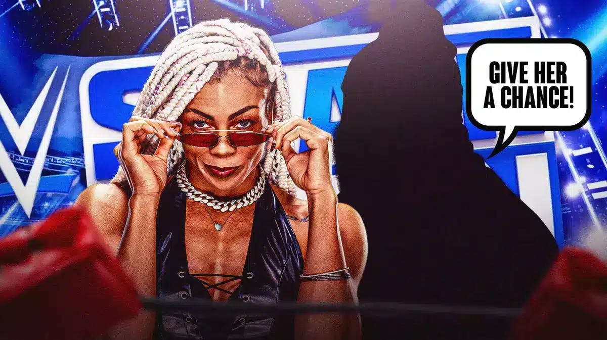 B-Fab next to the blacked out silhouette of Top Dolla with a text bubble reading “Give her a chance!” with the SmackDown logo as the background.