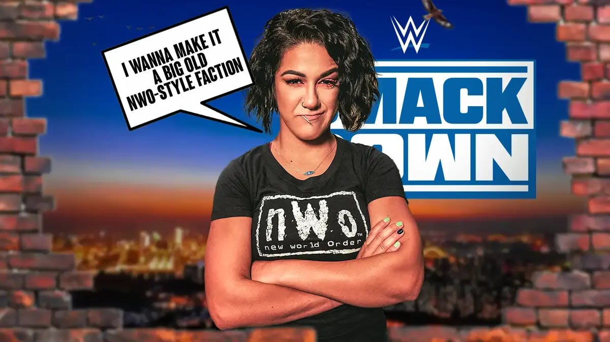 Bayley wearing an NWO shirt with a text bubble reading “I wanna make it a big old NWO-style faction” with the SmackDown logo as the background.