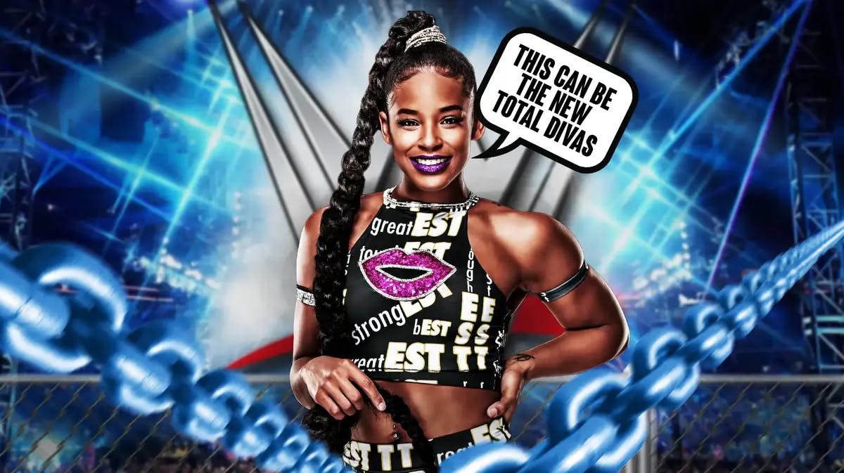 Bianca Belair with a text bubble reading “This can be the new Total Divas” with the WWE logo as the background.
