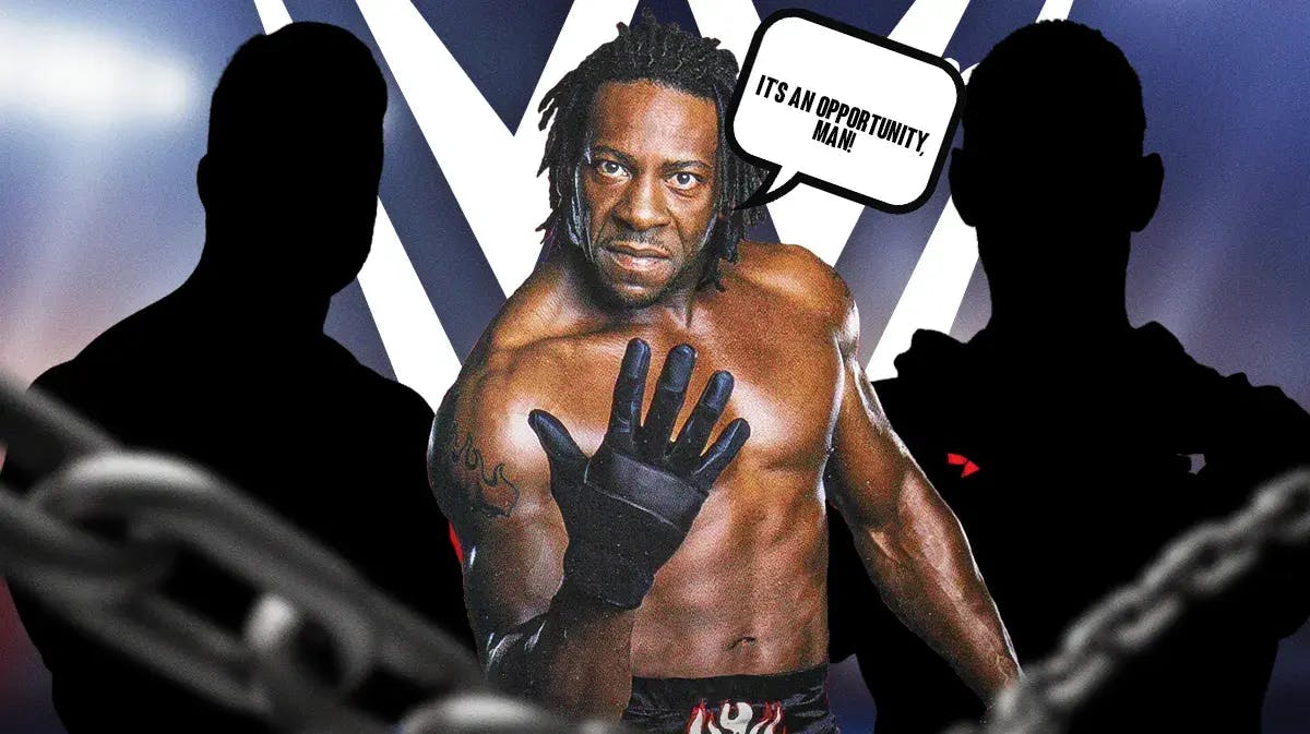 Booker T with a text bubble reading “It’s an opportunity, man!” with CM Punk on his left, the blacked-out silhouette of LA Knight on his right and the WWE logo as the background.