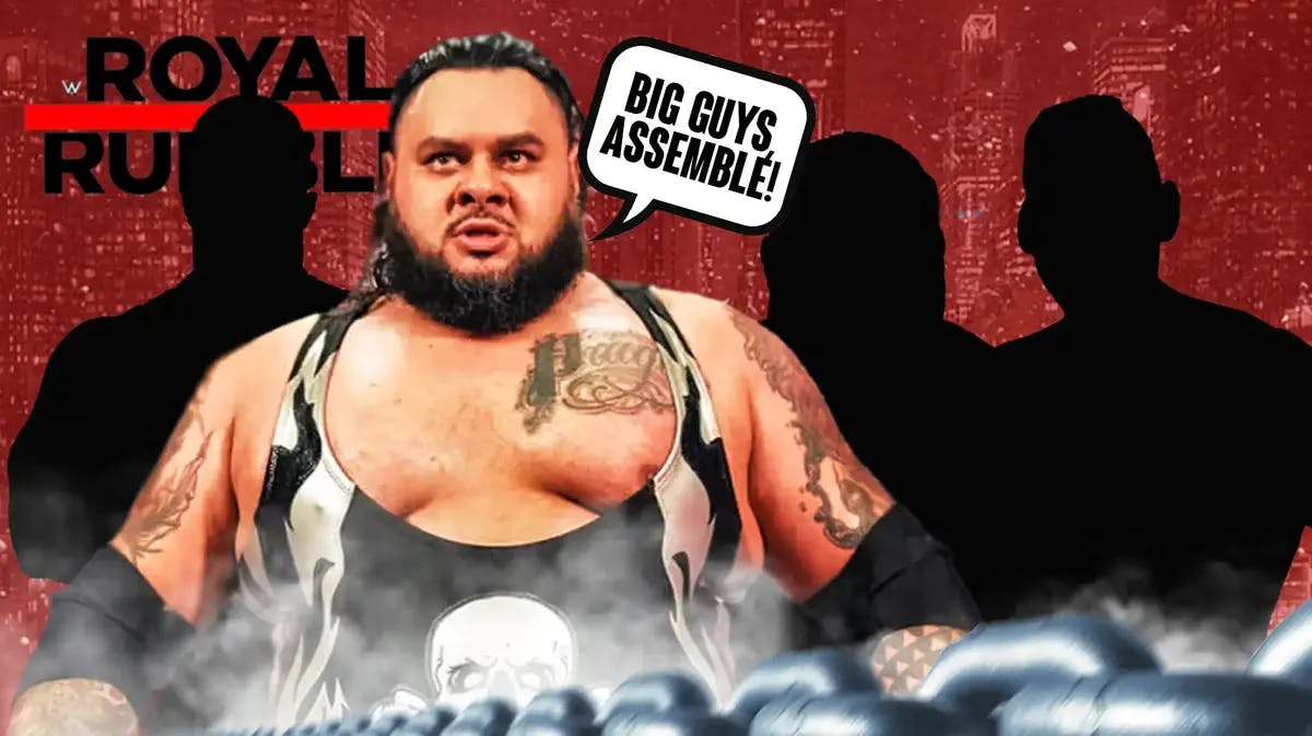 Bronson Reed with a text bubble reading “Big guys, assemble!” next to the blacked out silhouettes of Gunther, Big E, and Otis with the Royal Rumble logo as the background,
