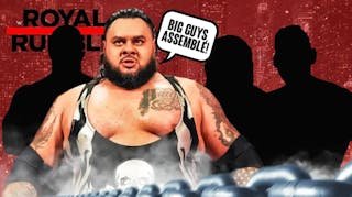 Bronson Reed with a text bubble reading “Big guys, assemble!” next to the blacked out silhouettes of Gunther, Big E, and Otis with the Royal Rumble logo as the background,